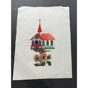 Needlepoint Church Sunflower Birdhouse Handmade Complete Cross Stitch 17.5x13